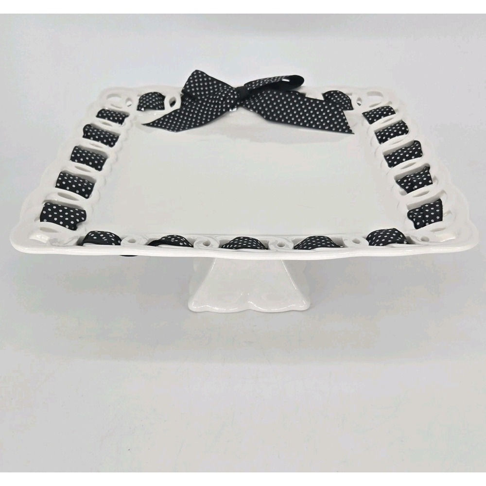 Coastline Imports Heirloom White Porcelain Cake Stand Black Ribbon Pedestal Tray